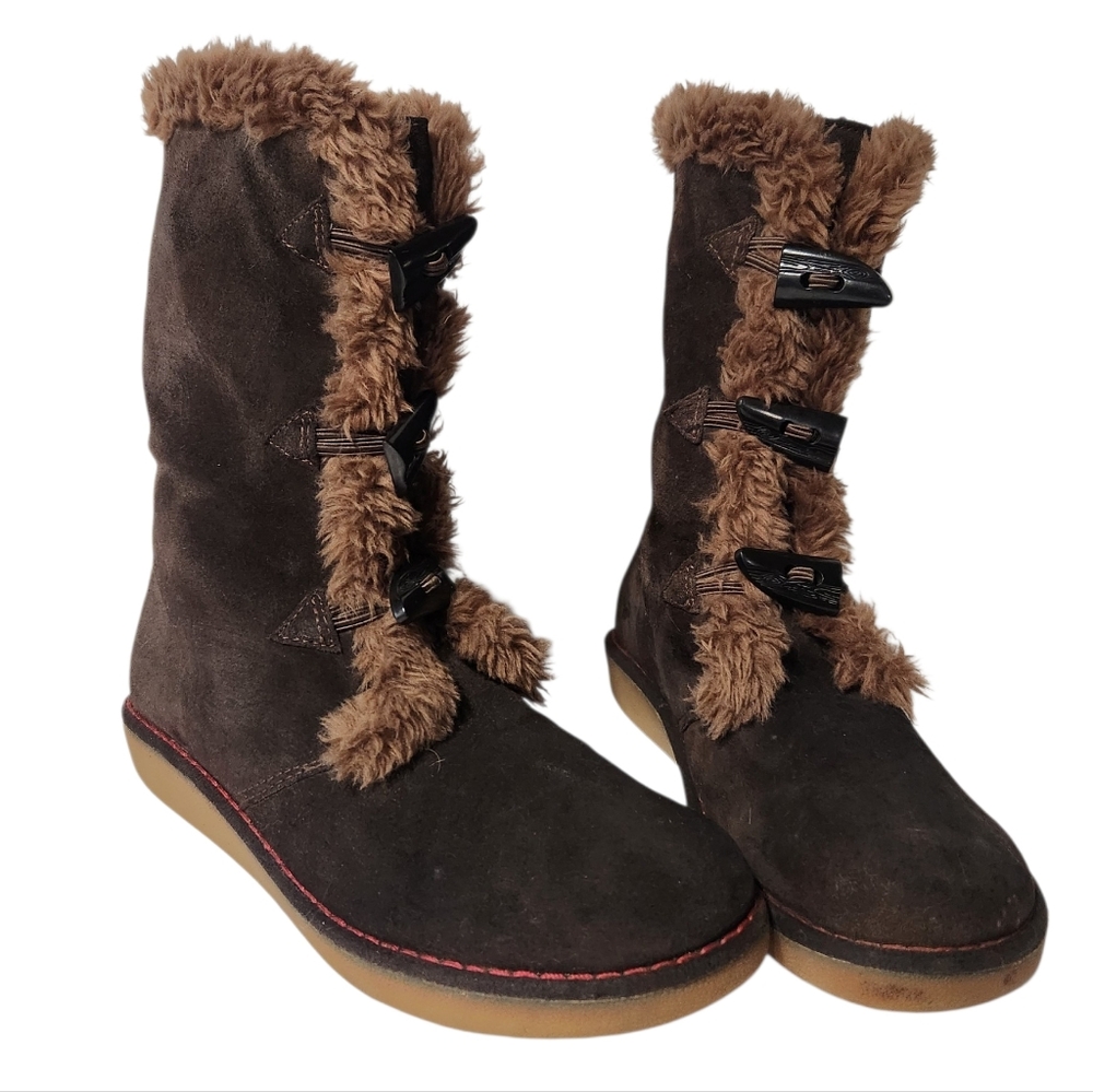 Earth Shoe Wyandot Brown Suede Leather Fur-Lined Boots w/Toggles Size 9